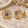 Oro Laminado Stud Earring, Gold Filled Style Flower and Baguette Design, with Amethyst and White Cubic Zirconia, Polished, Golden Finish, 02.387.0033.2