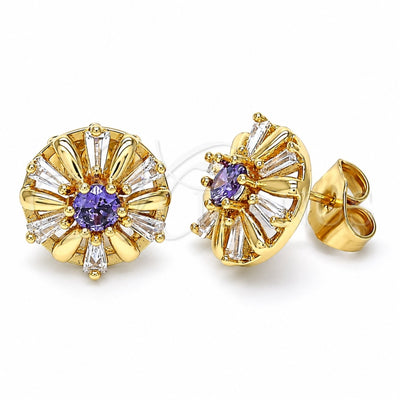 Oro Laminado Stud Earring, Gold Filled Style Flower and Baguette Design, with Amethyst and White Cubic Zirconia, Polished, Golden Finish, 02.387.0033.2