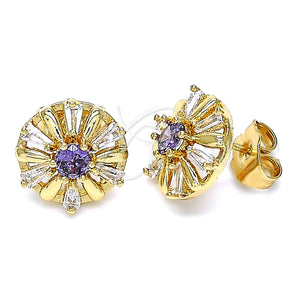 Gold Filled Ring — Stud Earring Flower and Baguette Design with Amethyst — main product view — SKU 144958 | Oro Laminado anillo — Stud Earring flor and Baguette diseño with Amethyst — SKU 144958