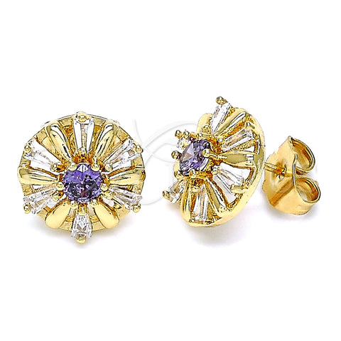 Oro Laminado Stud Earring, Gold Filled Style Flower and Baguette Design, with Amethyst and White Cubic Zirconia, Polished, Golden Finish, 02.387.0033.2