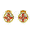 Oro Laminado Stud Earring, Gold Filled Style Flower Design, with Garnet and White Cubic Zirconia, Polished, Golden Finish, 02.387.0034