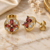 Oro Laminado Stud Earring, Gold Filled Style Flower Design, with Garnet and White Cubic Zirconia, Polished, Golden Finish, 02.387.0034