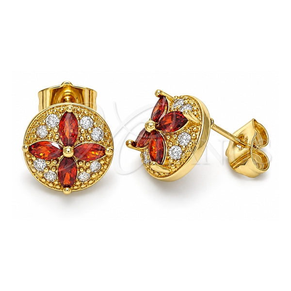 Oro Laminado Stud Earring, Gold Filled Style Flower Design, with Garnet and White Cubic Zirconia, Polished, Golden Finish, 02.387.0034