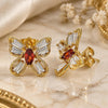 Oro Laminado Stud Earring, Gold Filled Style Butterfly and Baguette Design, with Garnet and White Cubic Zirconia, Polished, Golden Finish, 02.387.0036