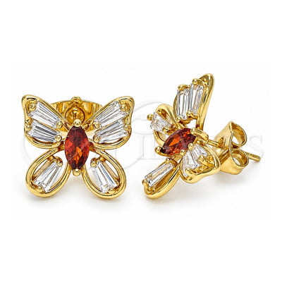 Oro Laminado Stud Earring, Gold Filled Style Butterfly and Baguette Design, with Garnet and White Cubic Zirconia, Polished, Golden Finish, 02.387.0036