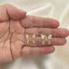 Oro Laminado Stud Earring, Gold Filled Style Butterfly Design, with Pink and White Cubic Zirconia, Polished, Golden Finish, 02.387.0036.1
