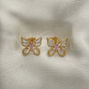 Oro Laminado Stud Earring, Gold Filled Style Butterfly Design, with Pink and White Cubic Zirconia, Polished, Golden Finish, 02.387.0036.1