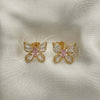 Oro Laminado Stud Earring, Gold Filled Style Butterfly Design, with Pink and White Cubic Zirconia, Polished, Golden Finish, 02.387.0036.1