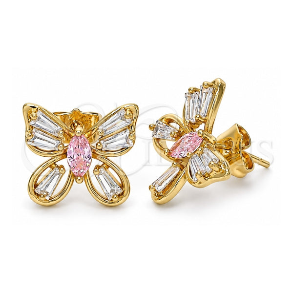 Oro Laminado Stud Earring, Gold Filled Style Butterfly Design, with Pink and White Cubic Zirconia, Polished, Golden Finish, 02.387.0036.1