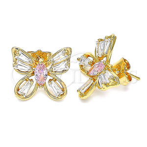 Oro Laminado Stud Earring, Gold Filled Style Butterfly Design, with Pink and White Cubic Zirconia, Polished, Golden Finish, 02.387.0036.1