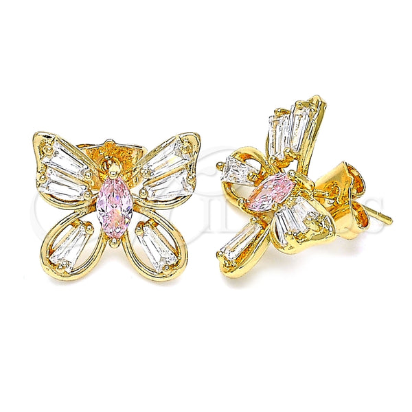 Oro Laminado Stud Earring, Gold Filled Style Butterfly Design, with Pink and White Cubic Zirconia, Polished, Golden Finish, 02.387.0036.1