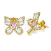 Oro Laminado Stud Earring, Gold Filled Style Butterfly Design, with Pink and White Cubic Zirconia, Polished, Golden Finish, 02.387.0036.1