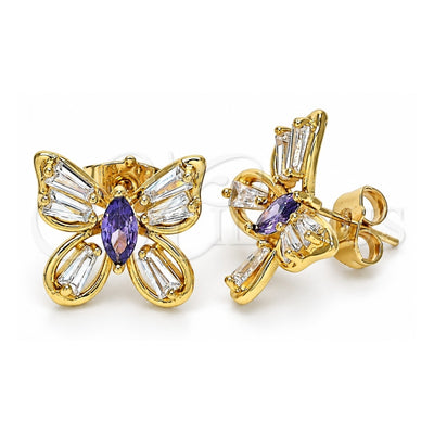 Oro Laminado Stud Earring, Gold Filled Style Butterfly Design, with Amethyst and White Cubic Zirconia, Polished, Golden Finish, 02.387.0036.2
