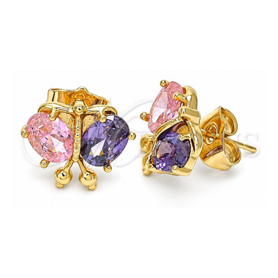 Oro Laminado Stud Earring, Gold Filled Style Butterfly Design, with Amethyst and Pink Cubic Zirconia, Polished, Golden Finish, 02.387.0019.4