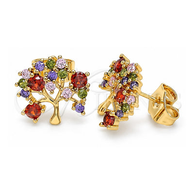 Oro Laminado Stud Earring, Gold Filled Style Tree Design, with Multicolor Cubic Zirconia, Polished, Golden Finish, 02.387.0037