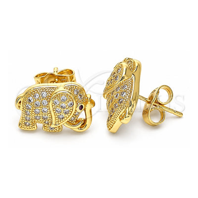 Oro Laminado Stud Earring, Gold Filled Style Elephant Design, with White and Ruby Micro Pave, Polished, Golden Finish, 02.156.0582