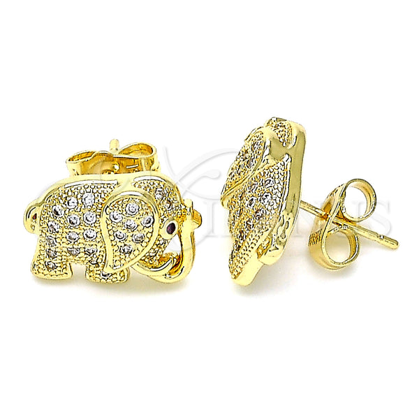 Oro Laminado Stud Earring, Gold Filled Style Elephant Design, with White and Ruby Micro Pave, Polished, Golden Finish, 02.156.0582