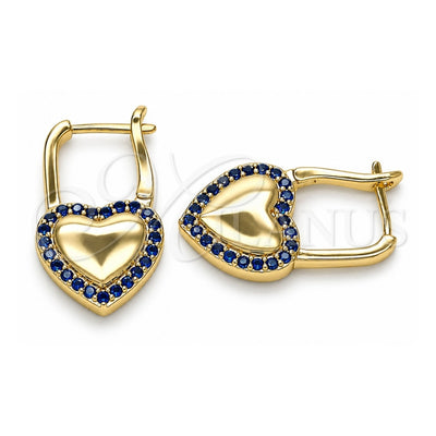 Oro Laminado Huggie Hoop, Gold Filled Style Lock and Heart Design, with Sapphire Blue Micro Pave, Polished, Golden Finish, 02.210.0624.12