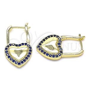 Gold Filled Hoop Earrings — Huggie Hoop Lock and Heart Design with Sapphire — main product view — SKU 144991 | Oro Laminado aretes de aro — Huggie Hoop Lock and corazón diseño with Sapphire — SKU 144991