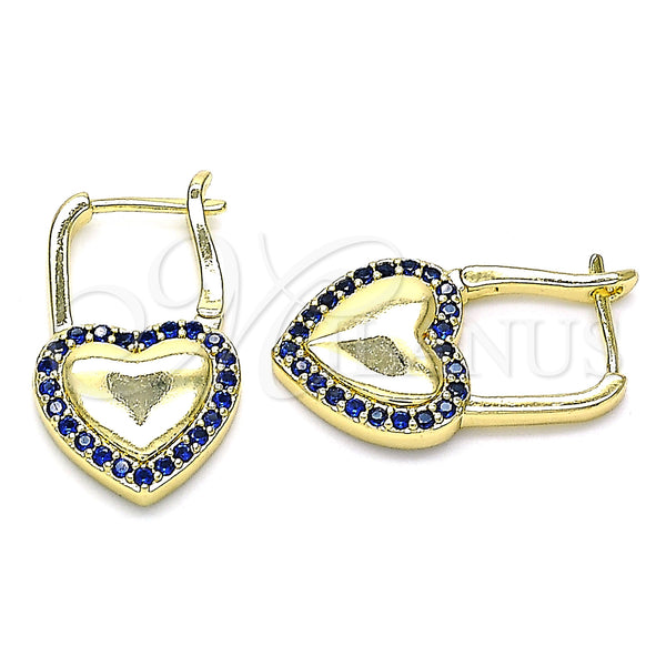 Gold Filled Hoop Earrings — Huggie Hoop Lock and Heart Design with Sapphire — main product view — SKU 144991 | Oro Laminado aretes de aro — Huggie Hoop Lock and corazón diseño with Sapphire — SKU 144991