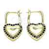 Oro Laminado Huggie Hoop, Gold Filled Style Lock and Heart Design, with Black Micro Pave, Polished, Golden Finish, 02.210.0624.1.12