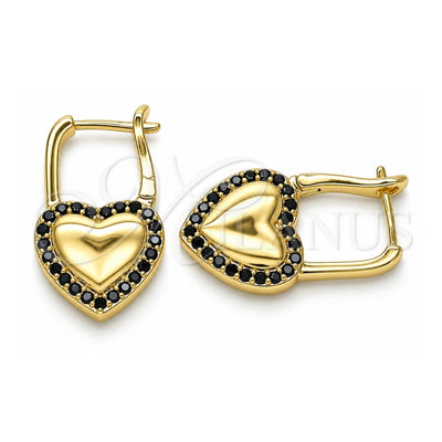 Oro Laminado Huggie Hoop, Gold Filled Style Lock and Heart Design, with Black Micro Pave, Polished, Golden Finish, 02.210.0624.1.12