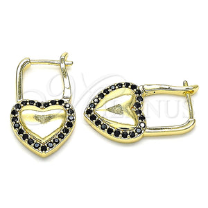 Gold Filled Hoop Earrings — Huggie Hoop Lock and Heart Design with Black — main product view — SKU 144992 | Oro Laminado aretes de aro — Huggie Hoop Lock and corazón diseño with negro — SKU 144992