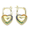 Oro Laminado Huggie Hoop, Gold Filled Style Lock and Heart Design, with Multicolor Micro Pave, Polished, Golden Finish, 02.210.0624.2.12
