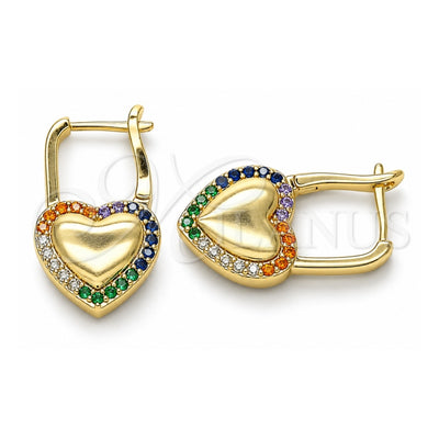 Oro Laminado Huggie Hoop, Gold Filled Style Lock and Heart Design, with Multicolor Micro Pave, Polished, Golden Finish, 02.210.0624.2.12