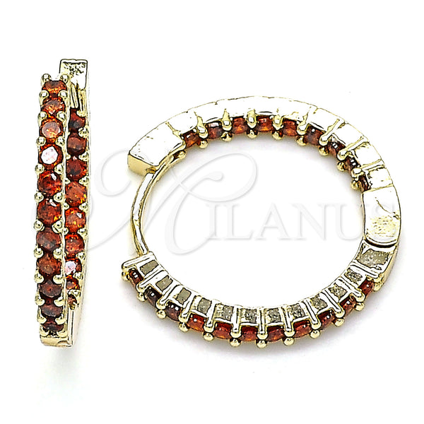 Gold Filled Hoop Earrings — Huggie Hoop with Garnet Cubic Zirconia Polished 02. — main product view — SKU 144994 | Oro Laminado aretes de aro — Huggie Hoop with Garnet Cubic Zirconia pulido 02. — SKU 144994