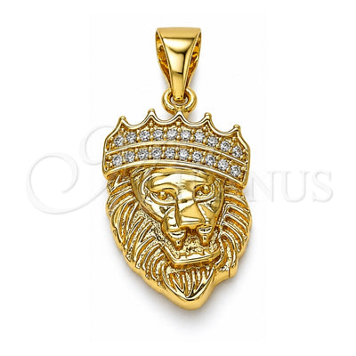 Oro Laminado Fancy Pendant, Gold Filled Style Lion and Crown Design, with White Micro Pave, Polished, Golden Finish, 05.342.0001