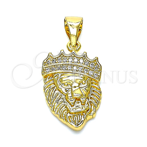 Oro Laminado Fancy Pendant, Gold Filled Style Lion and Crown Design, with White Micro Pave, Polished, Golden Finish, 05.342.0001