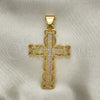 Oro Laminado Religious Pendant, Gold Filled Style Cross Design, with White Micro Pave, Polished, Golden Finish, 05.342.0003