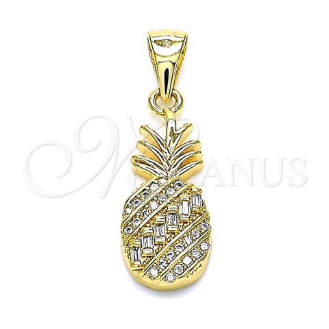 Oro Laminado Fancy Pendant, Gold Filled Style Pineapple Design, with White Micro Pave and White Cubic Zirconia, Polished, Golden Finish, 05.342.0005