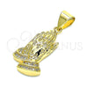 Oro Laminado Religious Pendant, Gold Filled Style Praying Hands Design, with White Micro Pave, Polished, Golden Finish, 05.342.0006