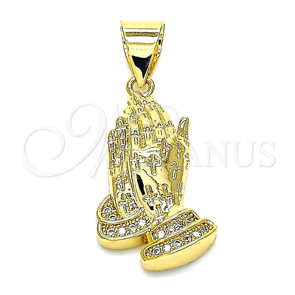 Oro Laminado Religious Pendant, Gold Filled Style Praying Hands Design, with White Micro Pave, Polished, Golden Finish, 05.342.0006
