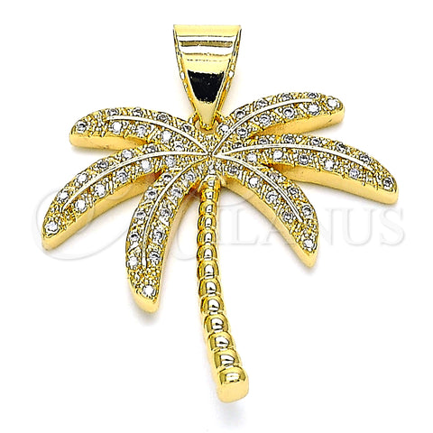 Oro Laminado Fancy Pendant, Gold Filled Style Palm Tree Design, with White Micro Pave, Polished, Golden Finish, 05.342.0012