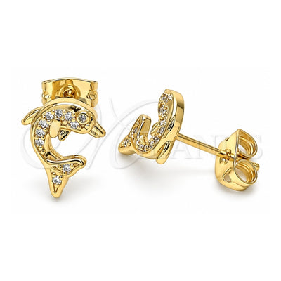 Oro Laminado Stud Earring, Gold Filled Style Dolphin Design, with White Micro Pave, Polished, Golden Finish, 02.342.0114