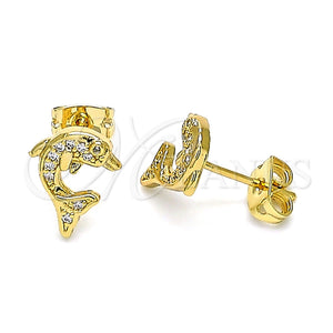 Oro Laminado Stud Earring, Gold Filled Style Dolphin Design, with White Micro Pave, Polished, Golden Finish, 02.342.0114