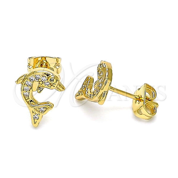 Oro Laminado Stud Earring, Gold Filled Style Dolphin Design, with White Micro Pave, Polished, Golden Finish, 02.342.0114