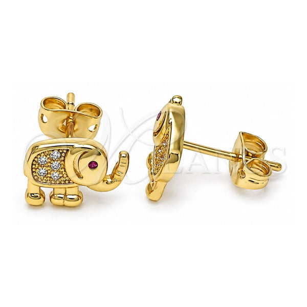 Oro Laminado Stud Earring, Gold Filled Style Elephant Design, with White and Ruby Micro Pave, Polished, Golden Finish, 02.342.0115