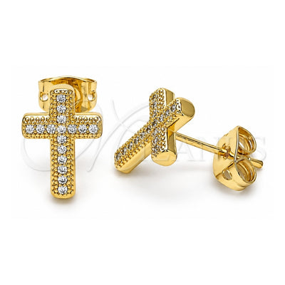 Oro Laminado Stud Earring, Gold Filled Style Cross Design, with White Micro Pave, Polished, Golden Finish, 02.342.0117