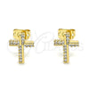 Oro Laminado Stud Earring, Gold Filled Style Cross Design, with White Micro Pave, Polished, Golden Finish, 02.342.0118