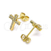 Oro Laminado Stud Earring, Gold Filled Style Cross Design, with White Micro Pave, Polished, Golden Finish, 02.342.0118