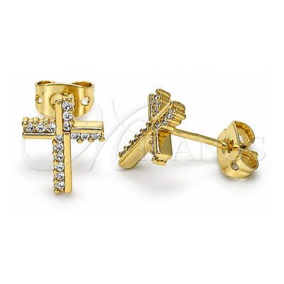 Oro Laminado Stud Earring, Gold Filled Style Cross Design, with White Micro Pave, Polished, Golden Finish, 02.342.0118