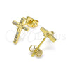 Oro Laminado Stud Earring, Gold Filled Style Cross Design, with White Micro Pave, Polished, Golden Finish, 02.342.0119