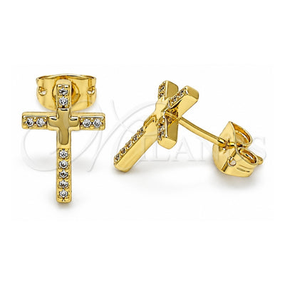 Oro Laminado Stud Earring, Gold Filled Style Cross Design, with White Micro Pave, Polished, Golden Finish, 02.342.0119