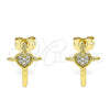 Oro Laminado Stud Earring, Gold Filled Style Cross and Heart Design, with White Micro Pave, Polished, Golden Finish, 02.342.0120