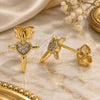 Oro Laminado Stud Earring, Gold Filled Style Cross and Heart Design, with White Micro Pave, Polished, Golden Finish, 02.342.0120