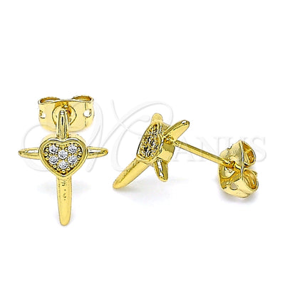 Oro Laminado Stud Earring, Gold Filled Style Cross and Heart Design, with White Micro Pave, Polished, Golden for wholesale, main product view